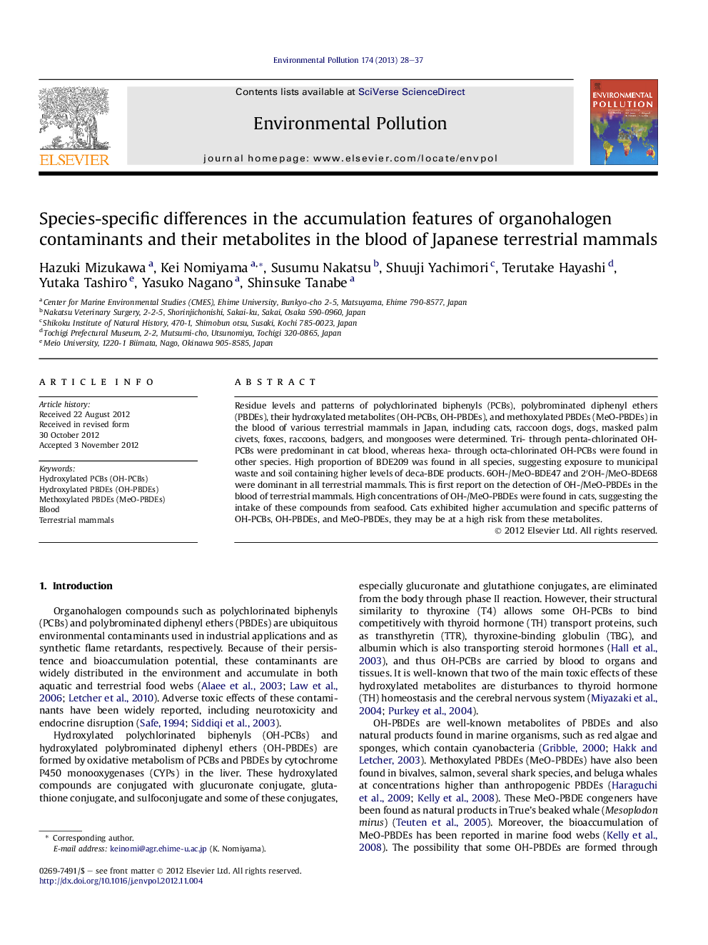 Species-specific differences in the accumulation features of organohalogen contaminants and their metabolites in the blood of Japanese terrestrial mammals