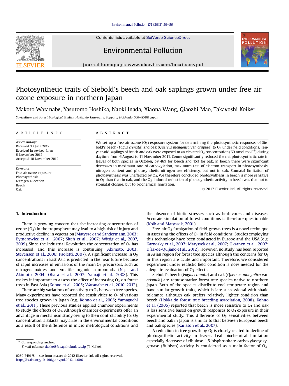 عکس صفحه اول مقاله: Photosynthetic traits of Siebold's beech and oak saplings grown under free air ozone exposure in northern Japan Photosynthetic traits of Siebold's beech and oak saplings grown under free air ozone exposure in northern Japan