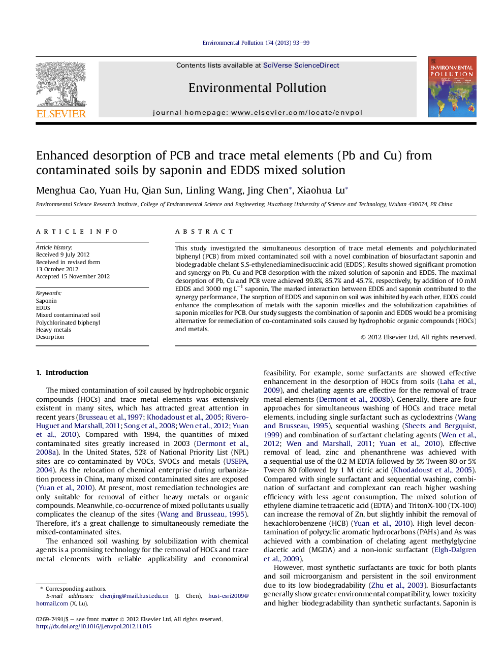 عکس صفحه اول مقاله: Enhanced desorption of PCB and trace metal elements (Pb and Cu) from contaminated soils by saponin and EDDS mixed solution Enhanced desorption of PCB and trace metal elements (Pb and Cu) from contaminated soils by saponin and EDDS mixed solution