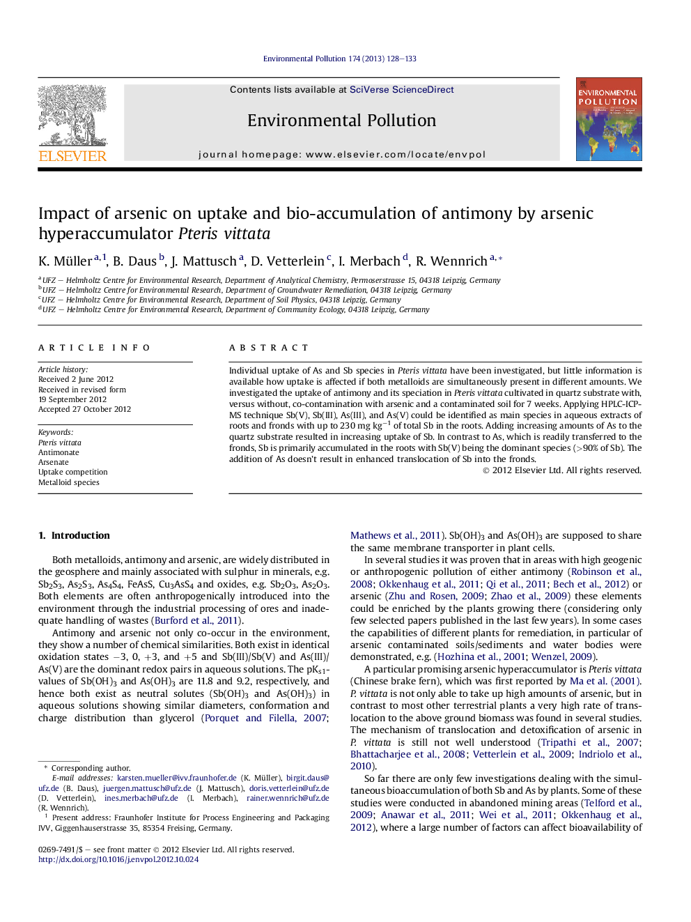 Impact of arsenic on uptake and bio-accumulation of antimony by arsenic hyperaccumulator Pteris vittata