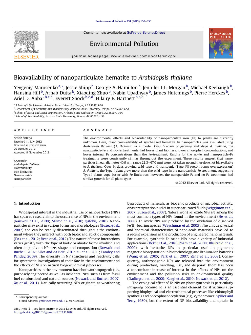 Bioavailability of nanoparticulate hematite to Arabidopsis thaliana