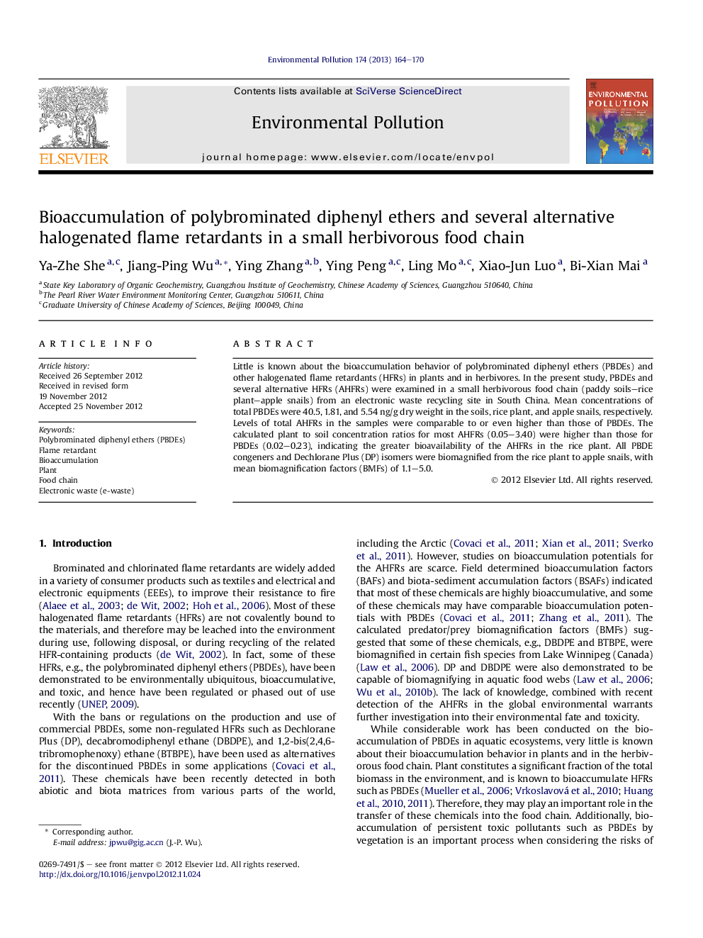 Bioaccumulation of polybrominated diphenyl ethers and several alternative halogenated flame retardants in a small herbivorous food chain