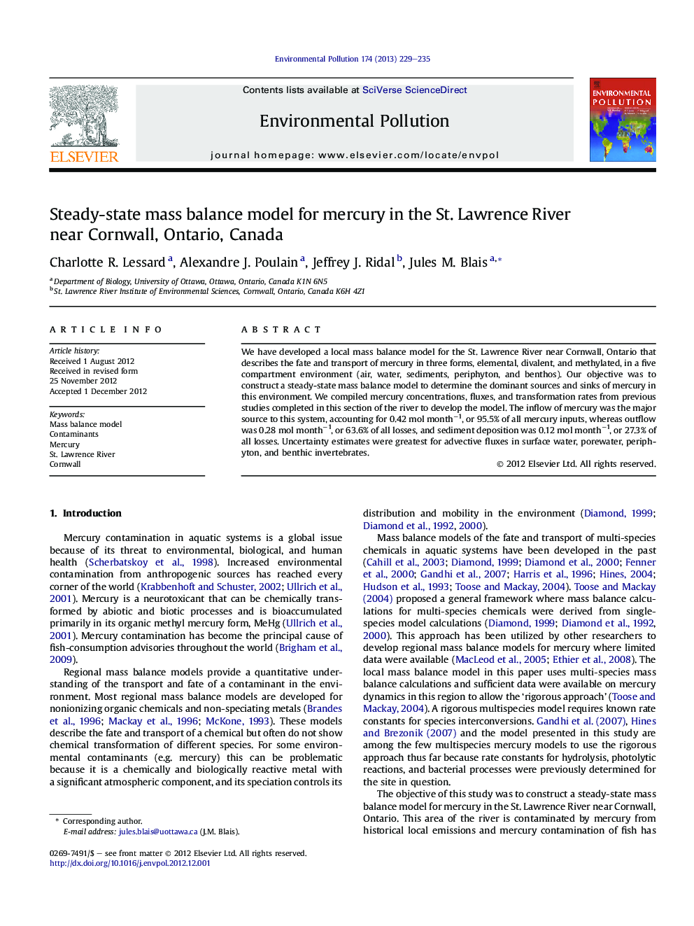 مدل تعادل جرمی حالت پایدار برای جیوه در رودخانه سنت لارنس در نزدیکی کورنوال، انتاریو، کانادا 