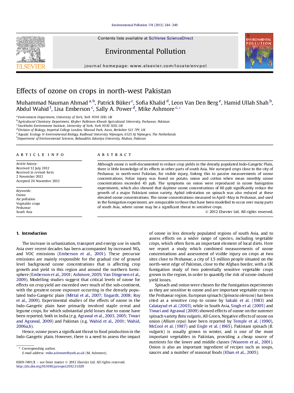 Effects of ozone on crops in north-west Pakistan