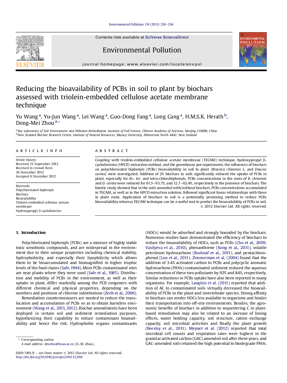 عکس صفحه اول مقاله: Reducing the bioavailability of PCBs in soil to plant by biochars assessed with triolein-embedded cellulose acetate membrane technique Reducing the bioavailability of PCBs in soil to plant by biochars assessed with triolein-embedded cellulose acetate membrane technique