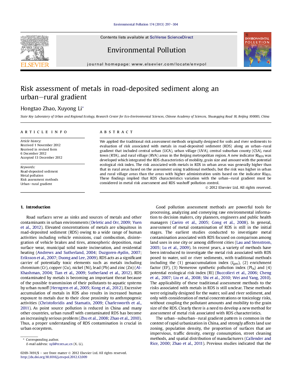 Risk assessment of metals in road-deposited sediment along an urban-rural gradient