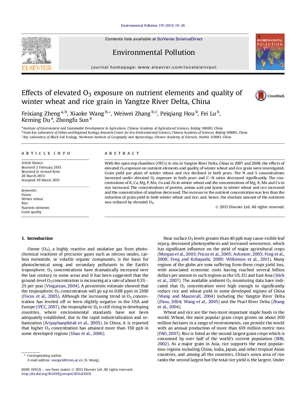 Effects of elevated O3 exposure on nutrient elements and quality of winter wheat and rice grain in Yangtze River Delta, China