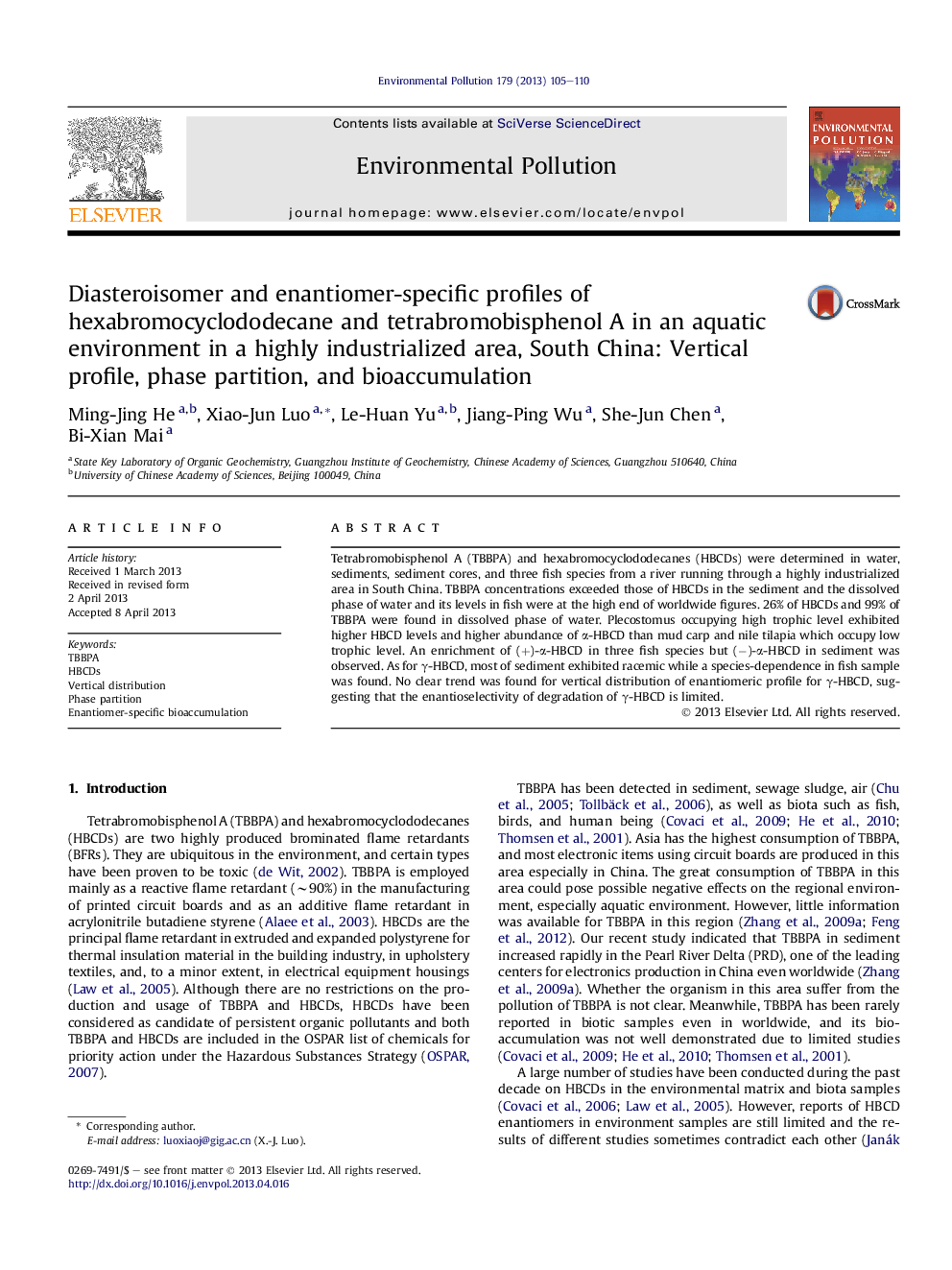 عکس صفحه اول مقاله: Diasteroisomer and enantiomer-specific profiles of hexabromocyclododecane and tetrabromobisphenol A in an aquatic environment in a highly industrialized area, South China: Vertical profile, phase partition, and bioaccumulation Diasteroisomer and enantiomer-specific profiles of hexabromocyclododecane and tetrabromobisphenol A in an aquatic environment in a highly industrialized area, South China: Vertical profile, phase partition, and bioaccumulation