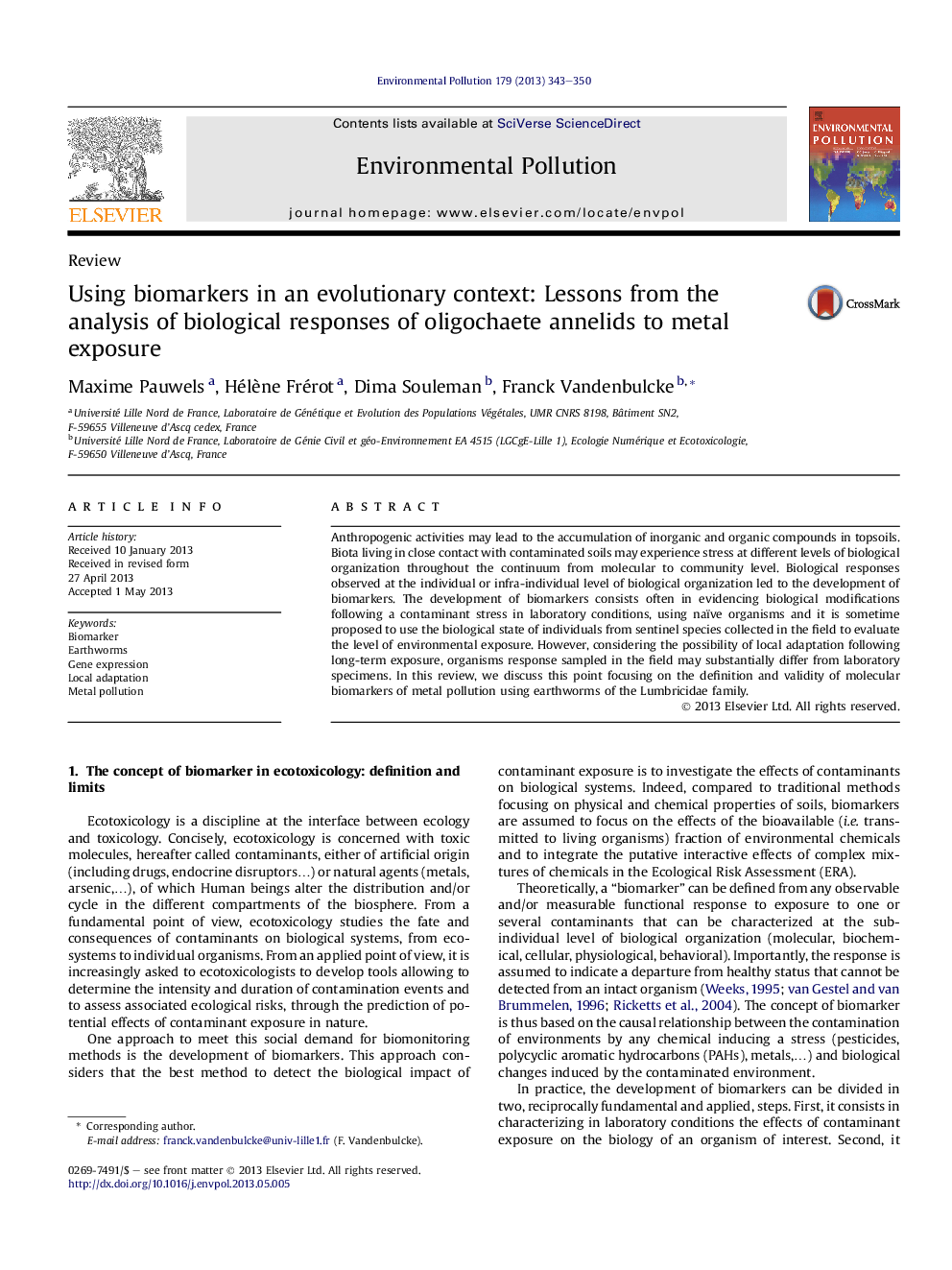 ReviewUsing biomarkers in an evolutionary context: Lessons from the analysis of biological responses of oligochaete annelids to metal exposure