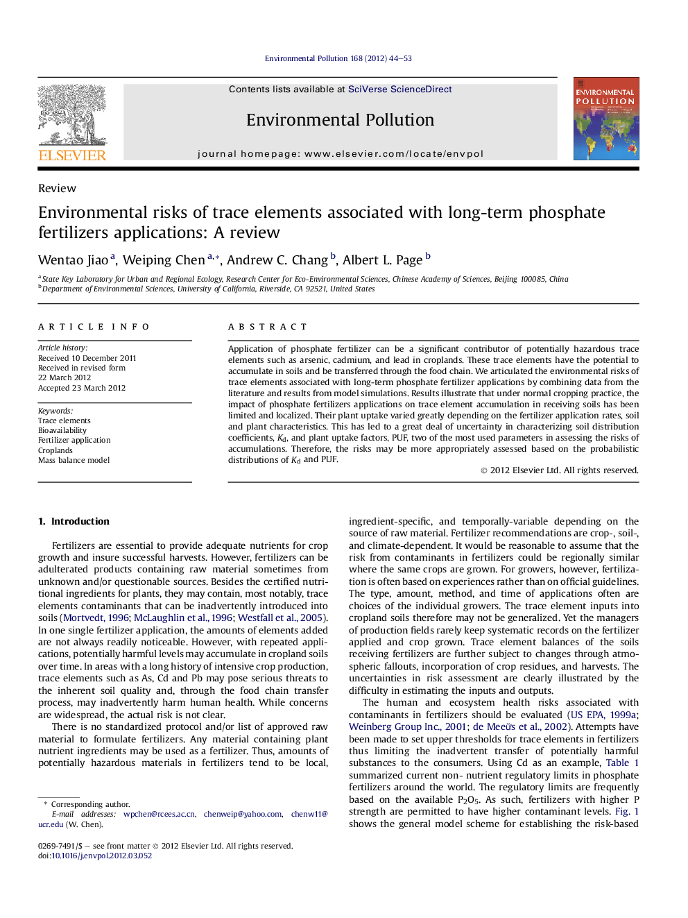 Environmental risks of trace elements associated with long-term phosphate fertilizers applications: A review