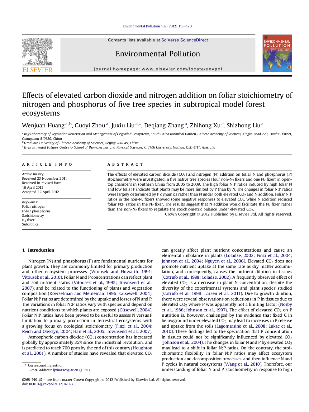 Effects of elevated carbon dioxide and nitrogen addition on foliar stoichiometry of nitrogen and phosphorus of five tree species in subtropical model forest ecosystems