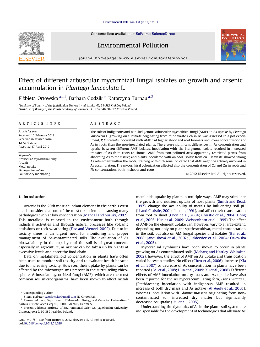 Effect of different arbuscular mycorrhizal fungal isolates on growth and arsenic accumulation in Plantago lanceolata L.