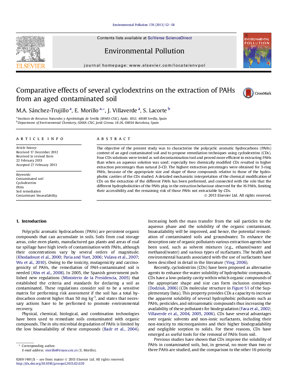 Comparative effects of several cyclodextrins on the extraction of PAHs from an aged contaminated soil