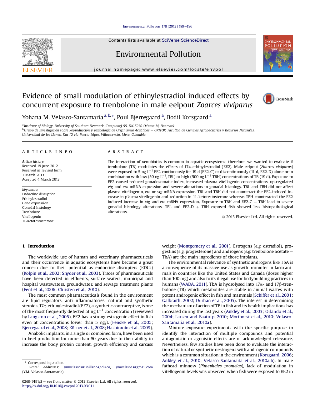 Evidence of small modulation of ethinylestradiol induced effects by concurrent exposure to trenbolone in male eelpout Zoarces viviparus