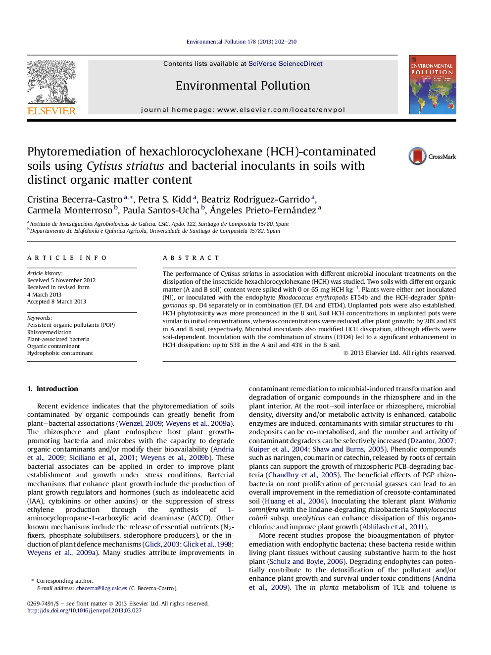 Phytoremediation of hexachlorocyclohexane (HCH)-contaminated soils using Cytisus striatus and bacterial inoculants in soils with distinct organic matter content