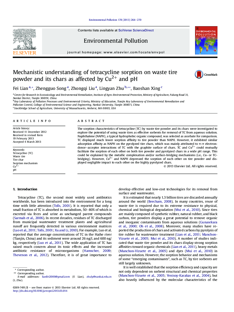 عکس صفحه اول مقاله: Mechanistic understanding of tetracycline sorption on waste tire powder and its chars as affected by Cu2+ and pH Mechanistic understanding of tetracycline sorption on waste tire powder and its chars as affected by Cu2+ and pH