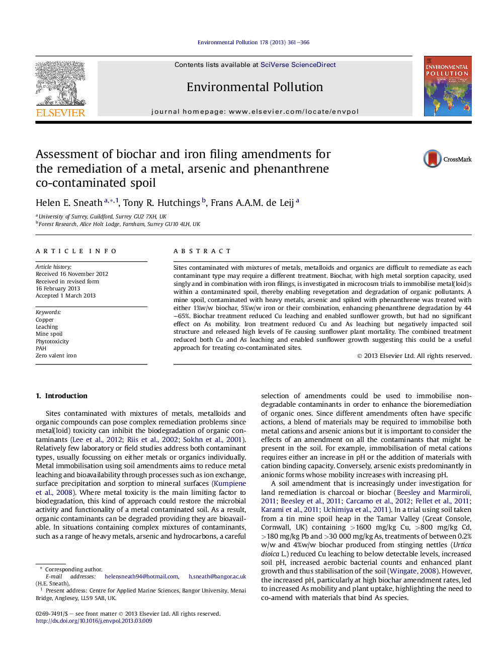 Assessment of biochar and iron filing amendments for the remediation of a metal, arsenic and phenanthrene co-contaminated spoil