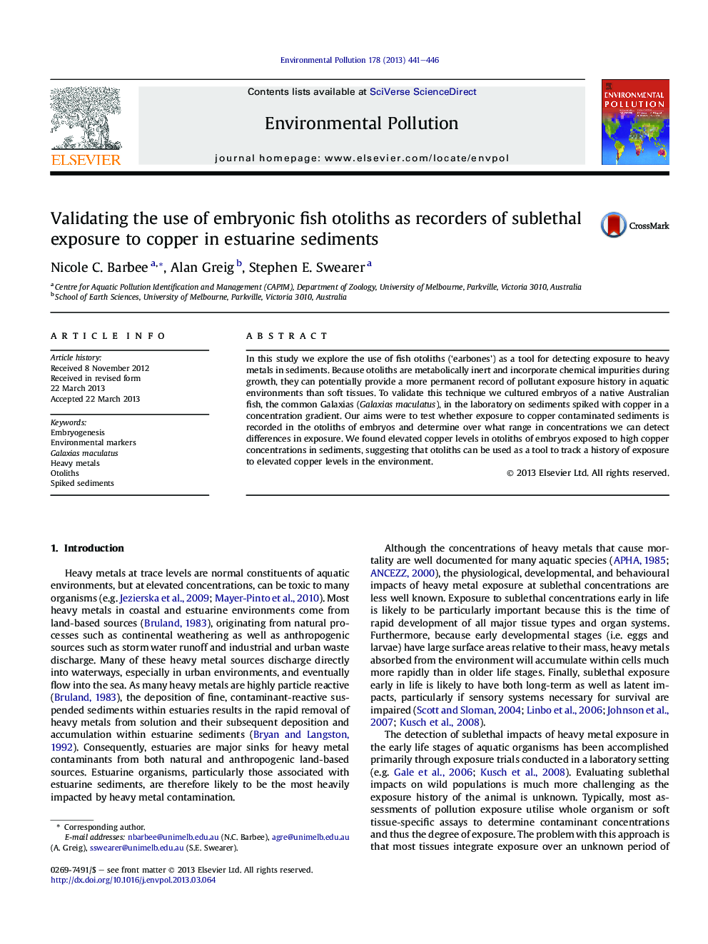 Validating the use of embryonic fish otoliths as recorders of sublethal exposure to copper in estuarine sediments