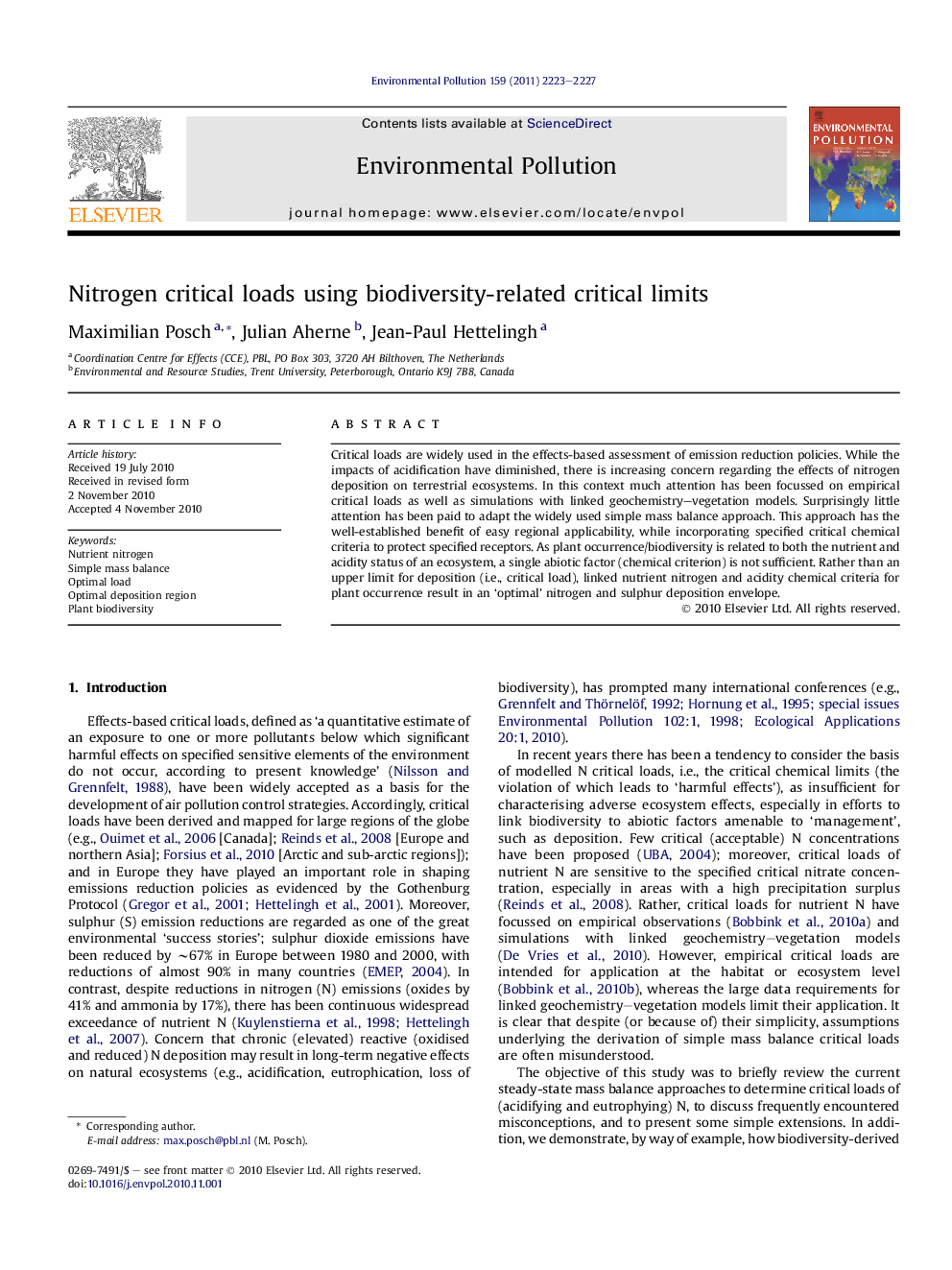 Nitrogen critical loads using biodiversity-related critical limits