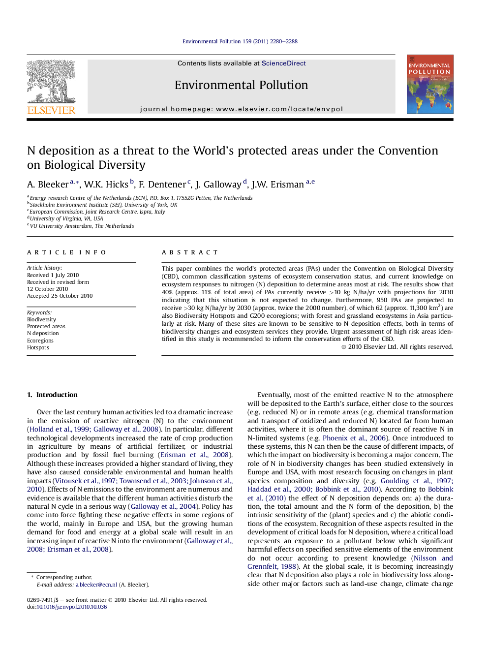 N deposition as a threat to the World's protected areas under the Convention on Biological Diversity