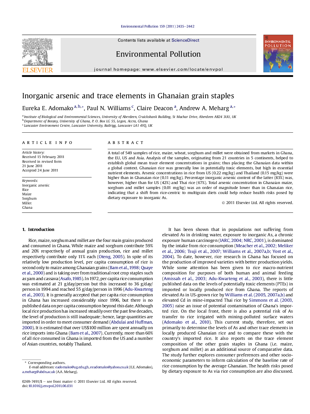 Inorganic arsenic and trace elements in Ghanaian grain staples