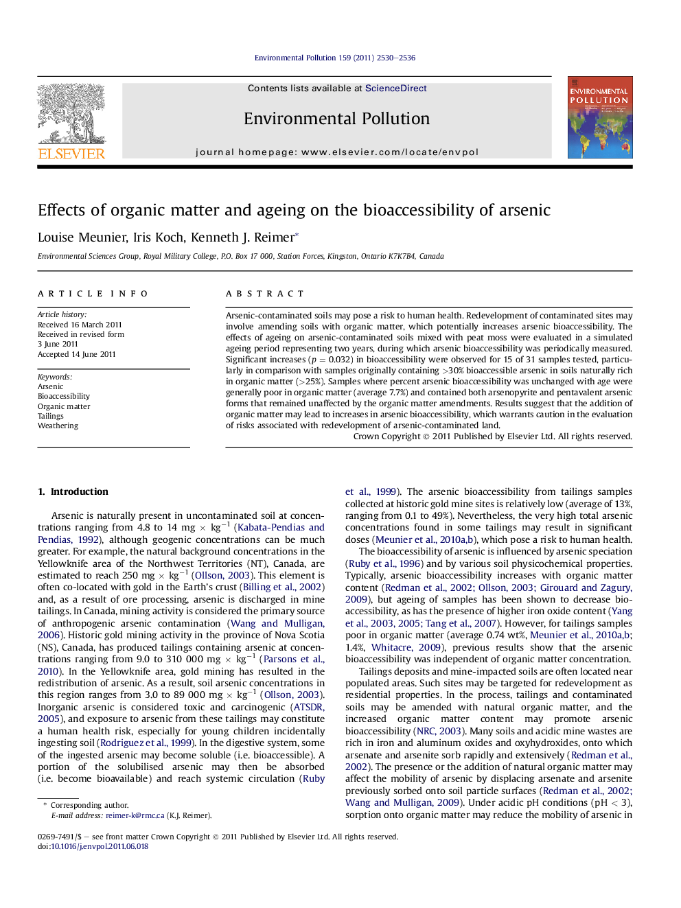 Effects of organic matter and ageing on the bioaccessibility of arsenic