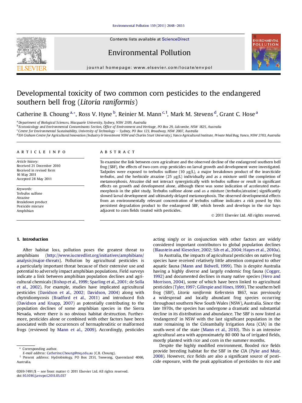 Developmental toxicity of two common corn pesticides to the endangered southern bell frog (Litoria raniformis)