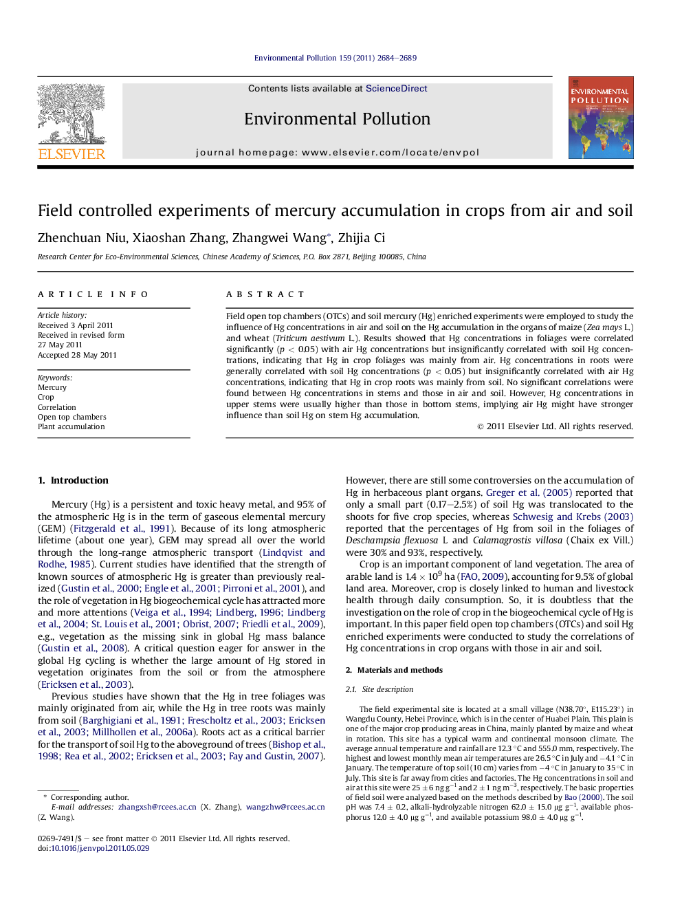 Field controlled experiments of mercury accumulation in crops from air and soil