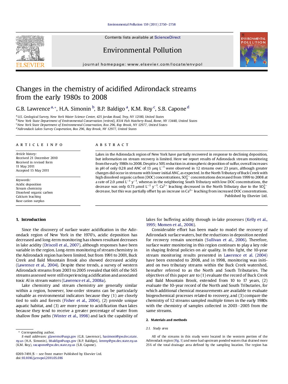 Changes in the chemistry of acidified Adirondack streams from the early 1980s to 2008