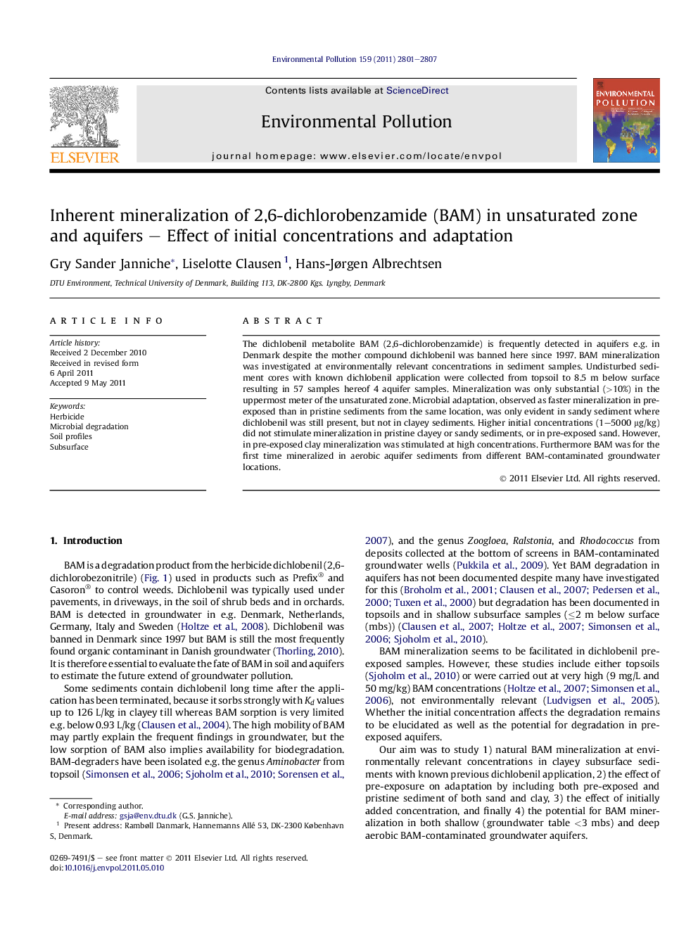 Inherent mineralization of 2,6-dichlorobenzamide (BAM) in unsaturated zone and aquifers - Effect of initial concentrations and adaptation