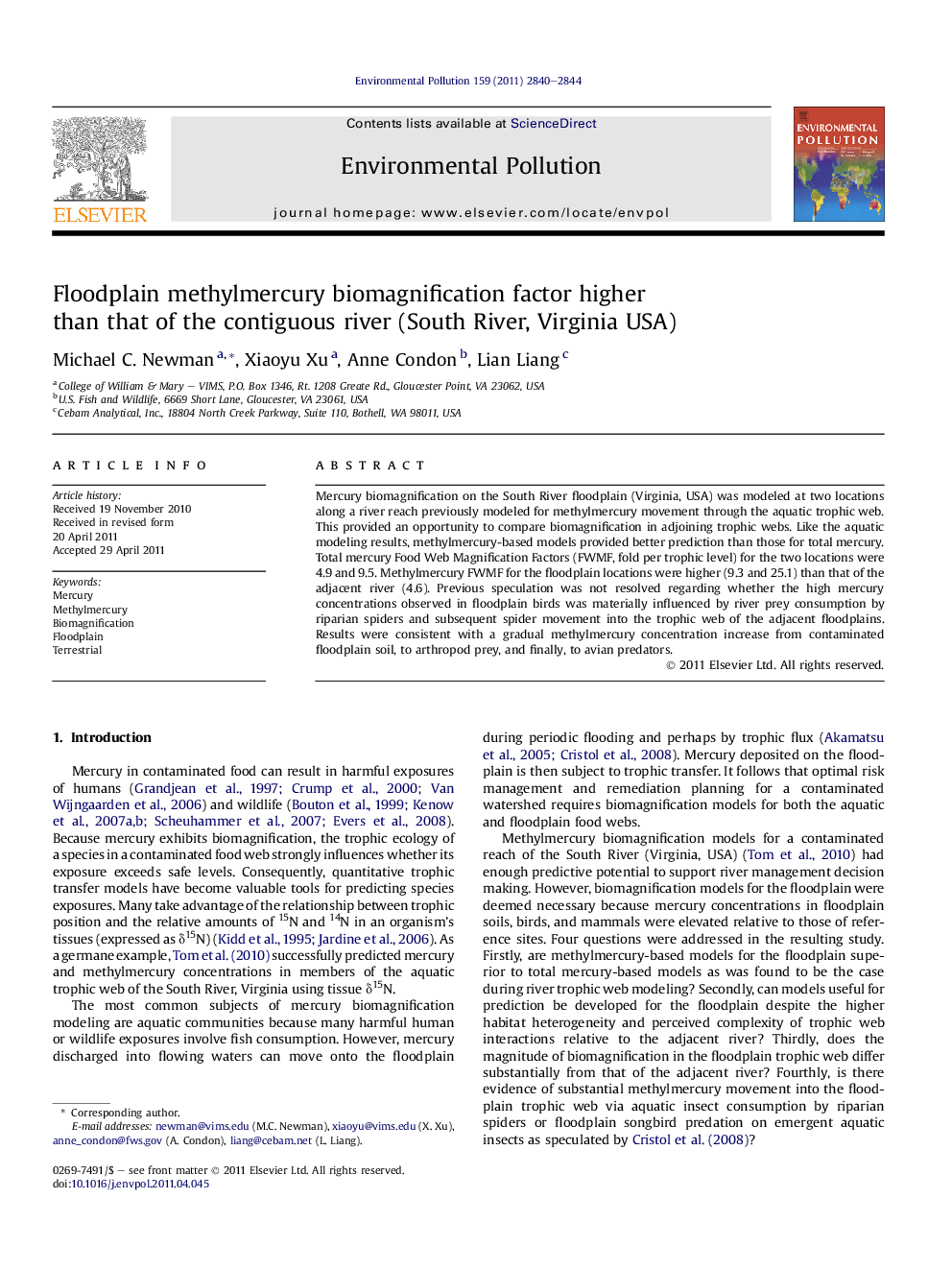 Floodplain methylmercury biomagnification factor higher than that of the contiguous river (South River, Virginia USA)