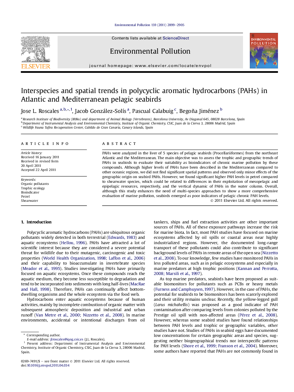 Interspecies and spatial trends in polycyclic aromatic hydrocarbons (PAHs) in Atlantic and Mediterranean pelagic seabirds