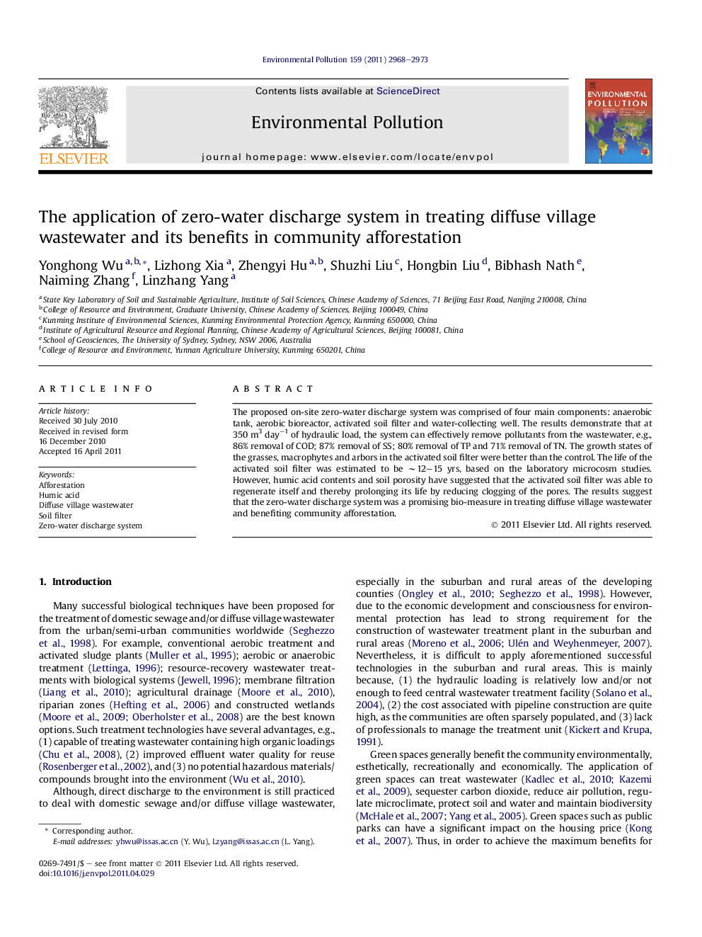 The application of zero-water discharge system in treating diffuse village wastewater and its benefits in community afforestation