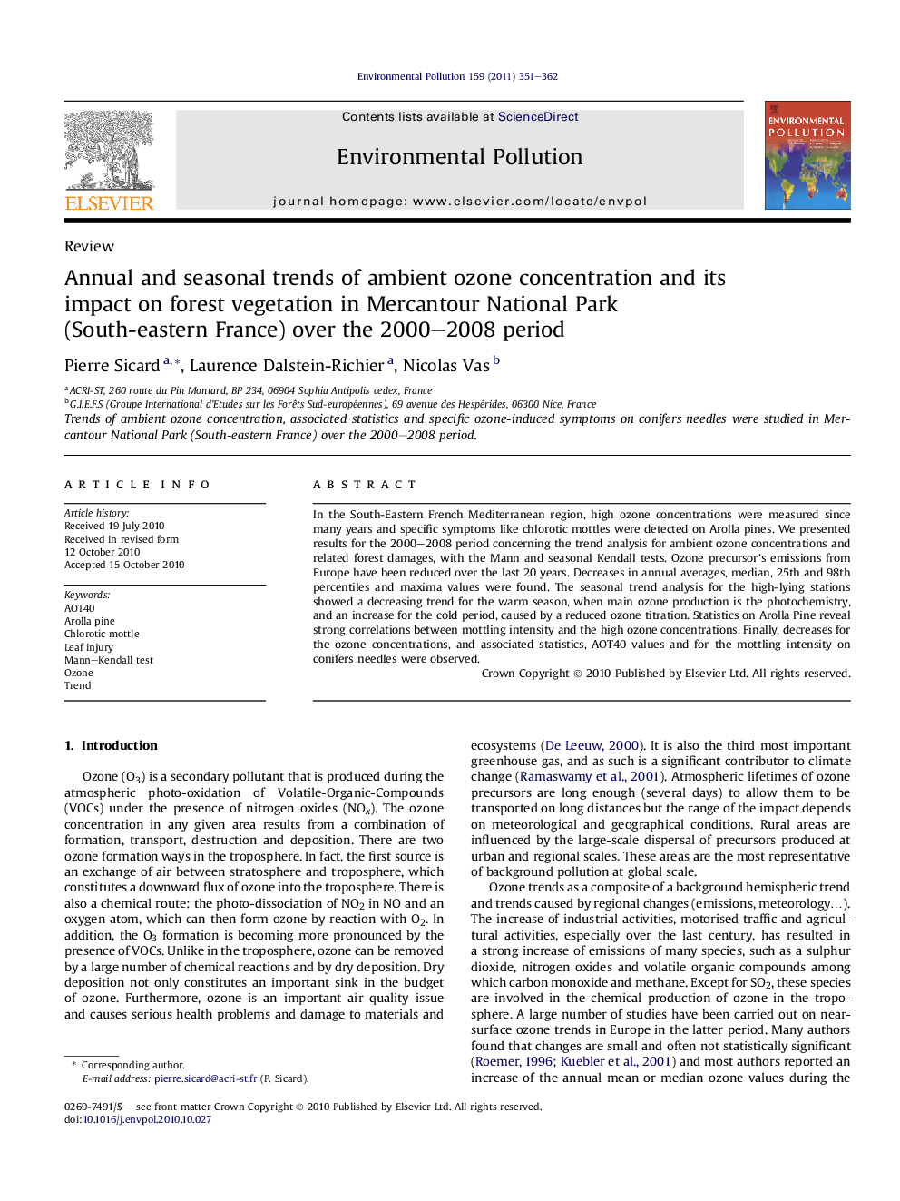 عکس صفحه اول مقاله: Annual and seasonal trends of ambient ozone concentration and its impact on forest vegetation in Mercantour National Park (South-eastern France) over the 2000-2008 period Annual and seasonal trends of ambient ozone concentration and its impact on forest vegetation in Mercantour National Park (South-eastern France) over the 2000-2008 period