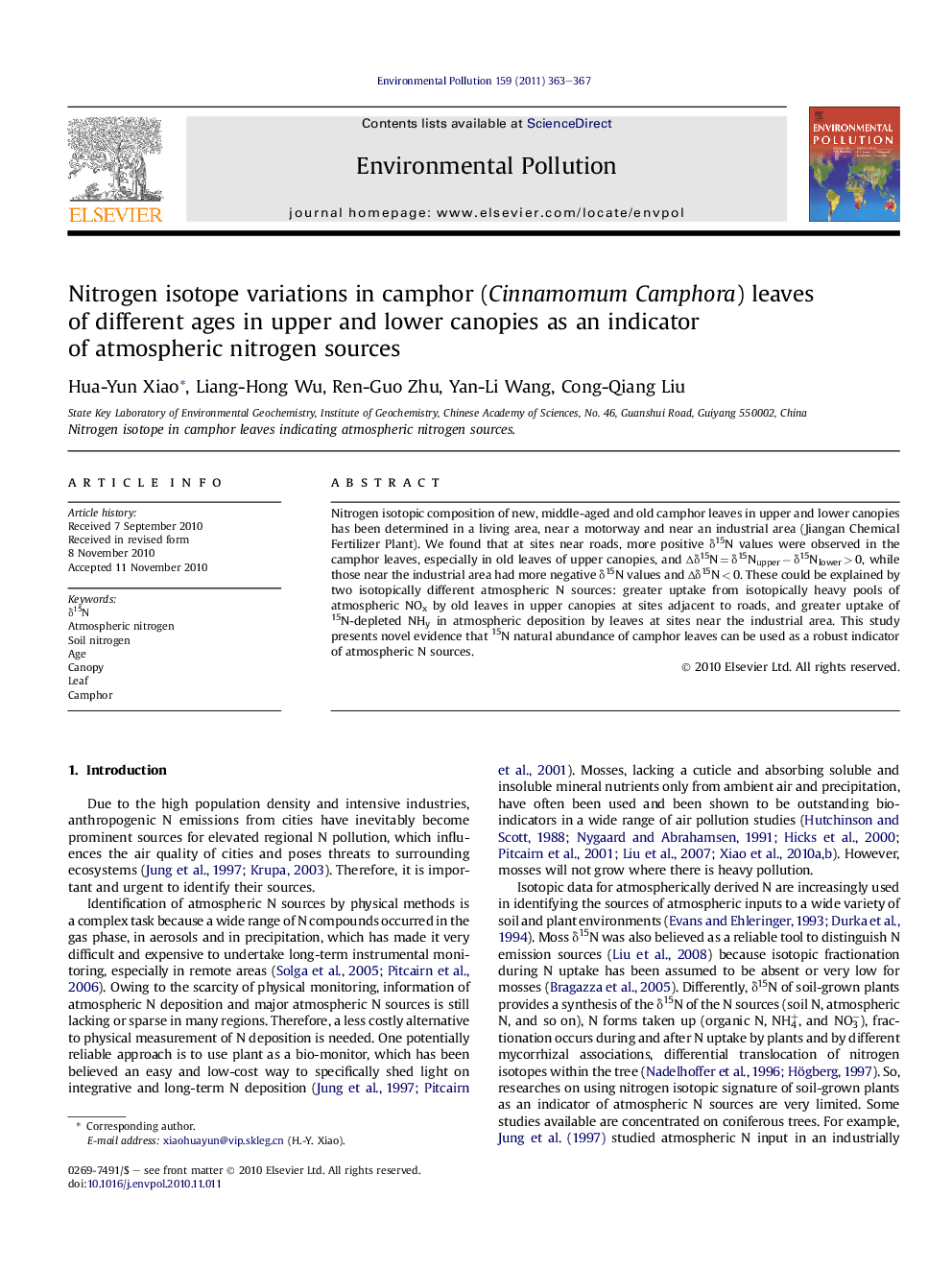 Nitrogen isotope variations in camphor (Cinnamomum Camphora) leaves of different ages in upper and lower canopies as an indicator of atmospheric nitrogen sources