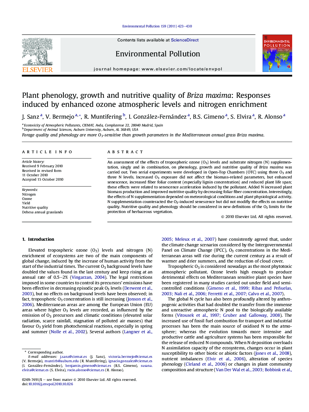 Plant phenology, growth and nutritive quality of Briza maxima: Responses induced by enhanced ozone atmospheric levels and nitrogen enrichment