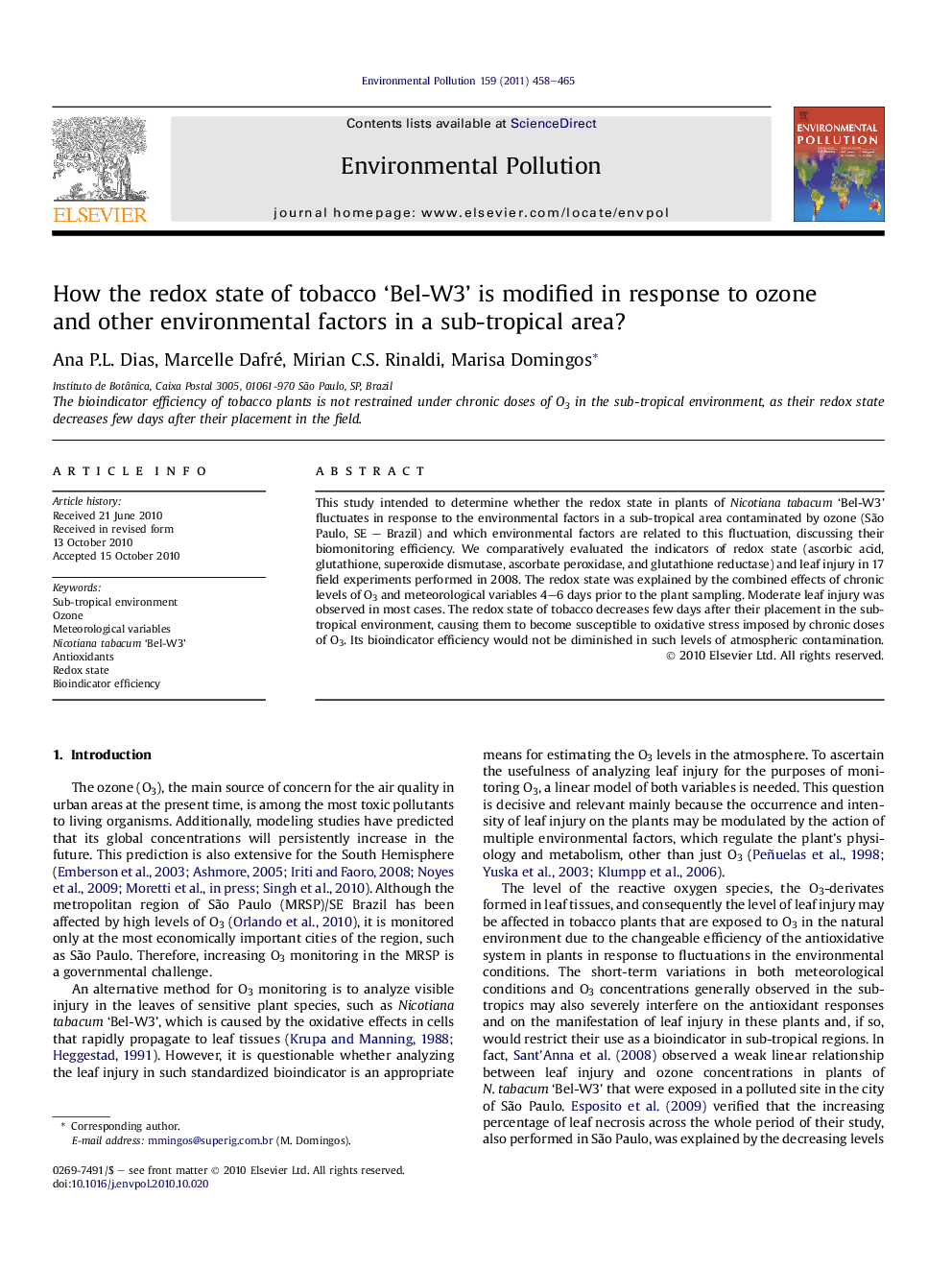 How the redox state of tobacco 'Bel-W3' is modified in response to ozone and other environmental factors in a sub-tropical area?