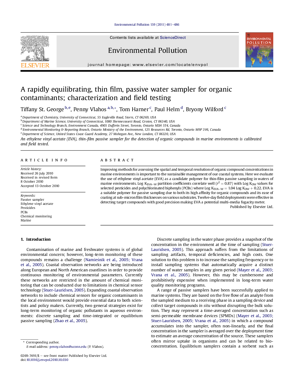 A rapidly equilibrating, thin film, passive water sampler for organic contaminants; characterization and field testing