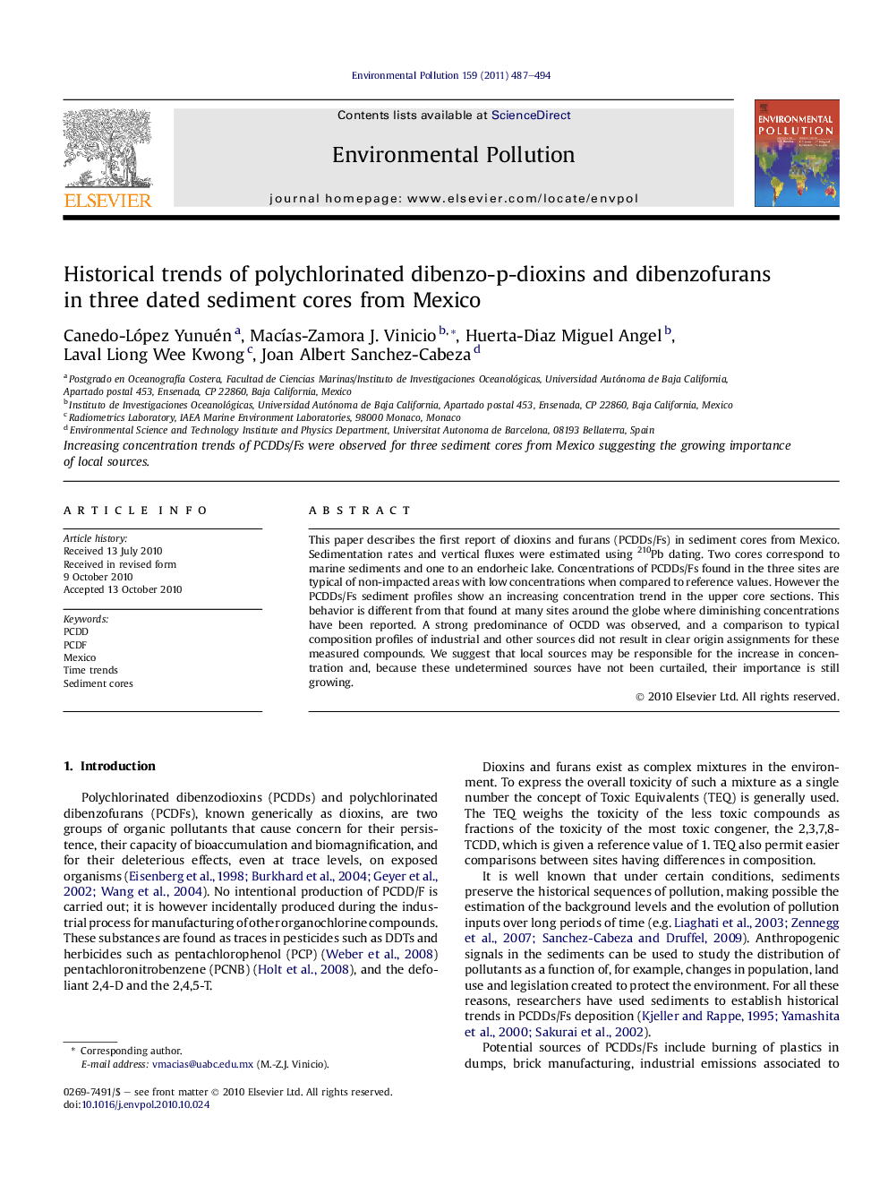 عکس صفحه اول مقاله: Historical trends of polychlorinated dibenzo-p-dioxins and dibenzofurans in three dated sediment cores from Mexico Historical trends of polychlorinated dibenzo-p-dioxins and dibenzofurans in three dated sediment cores from Mexico
