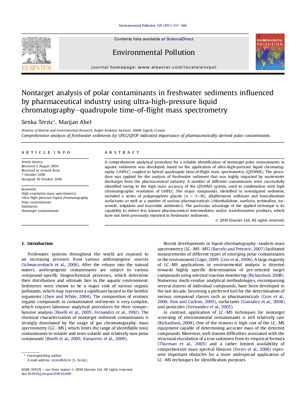 Nontarget analysis of polar contaminants in freshwater sediments influenced by pharmaceutical industry using ultra-high-pressure liquid chromatography-quadrupole time-of-flight mass spectrometry