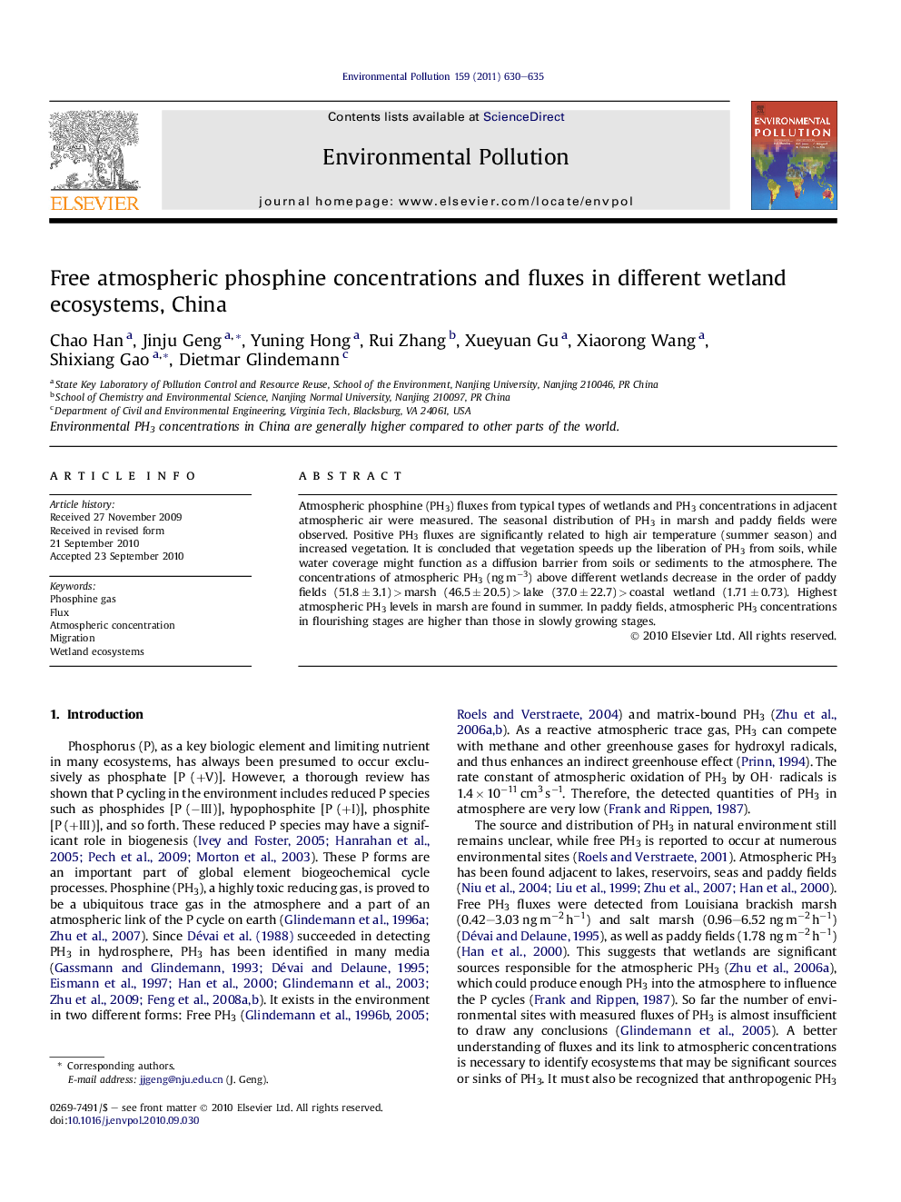 Free atmospheric phosphine concentrations and fluxes in different wetland ecosystems, China