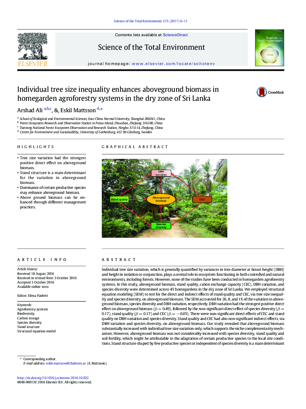 نابرابری اندازه های درخت فردی باعث افزایش زیست توده زمین در سیستم های جنگلی کشاورزی خانه در خشکی منطقه سریلانکا
