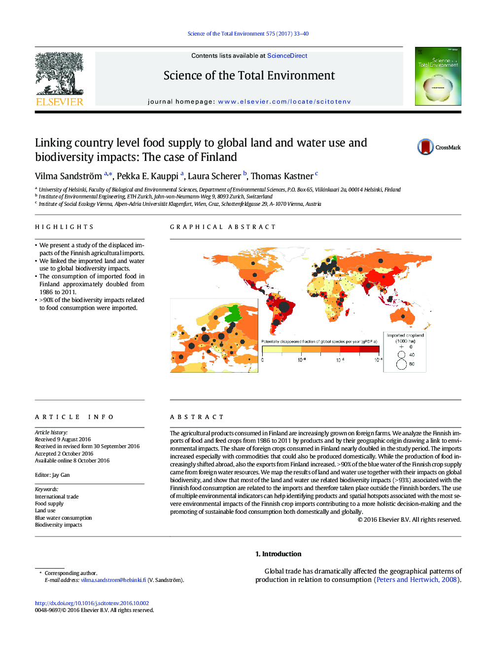 Linking country level food supply to global land and water use and biodiversity impacts: The case of Finland