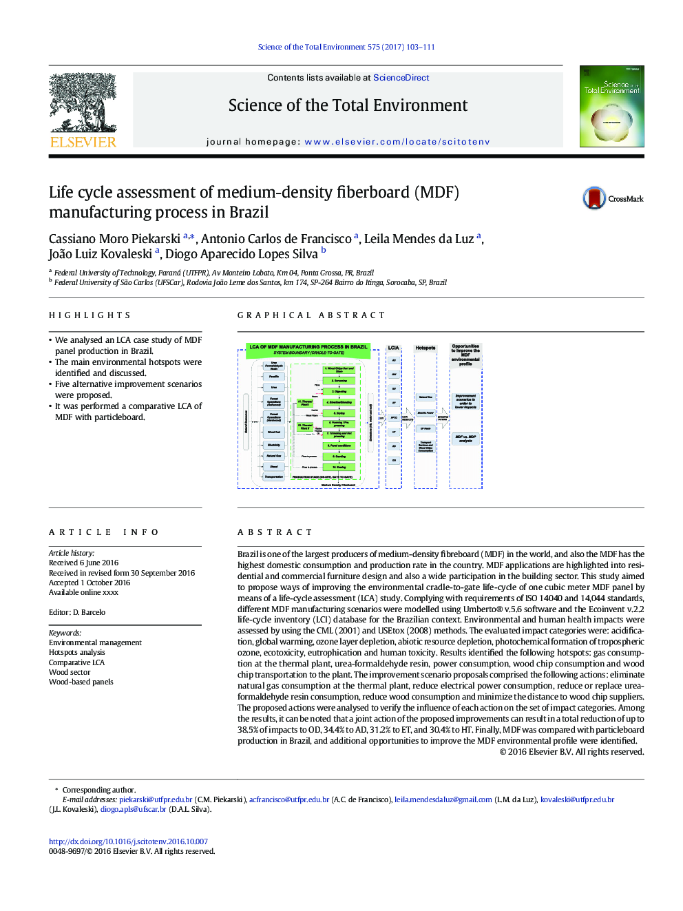 Life cycle assessment of medium-density fiberboard (MDF) manufacturing process in Brazil