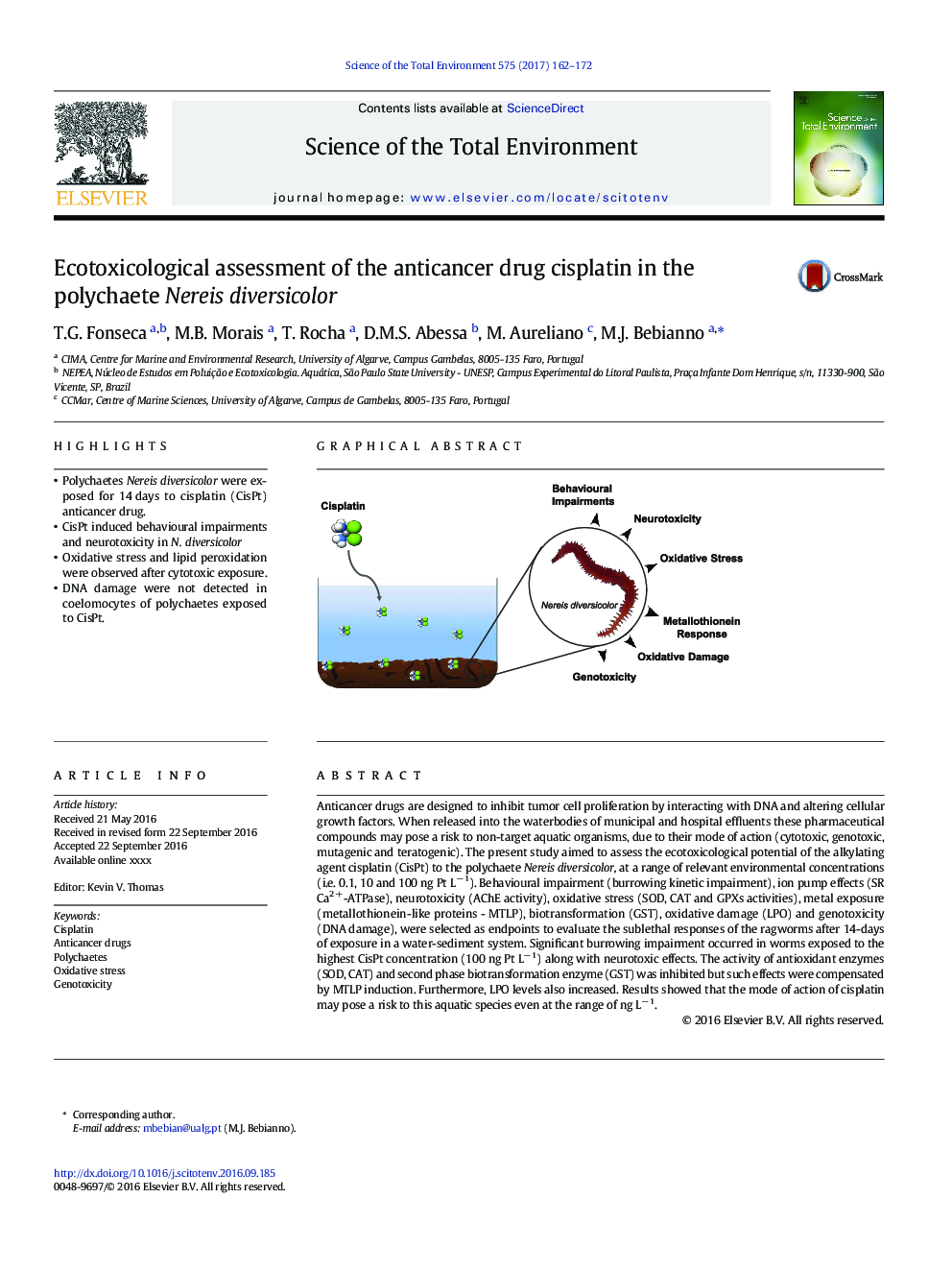 Ecotoxicological assessment of the anticancer drug cisplatin in the polychaete Nereis diversicolor