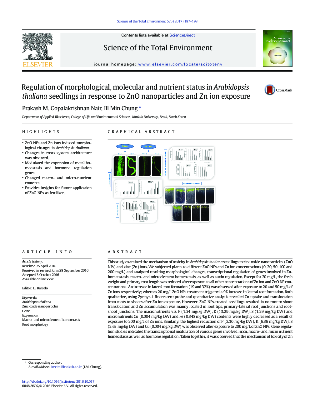 Regulation of morphological, molecular and nutrient status in Arabidopsis thaliana seedlings in response to ZnO nanoparticles and Zn ion exposure