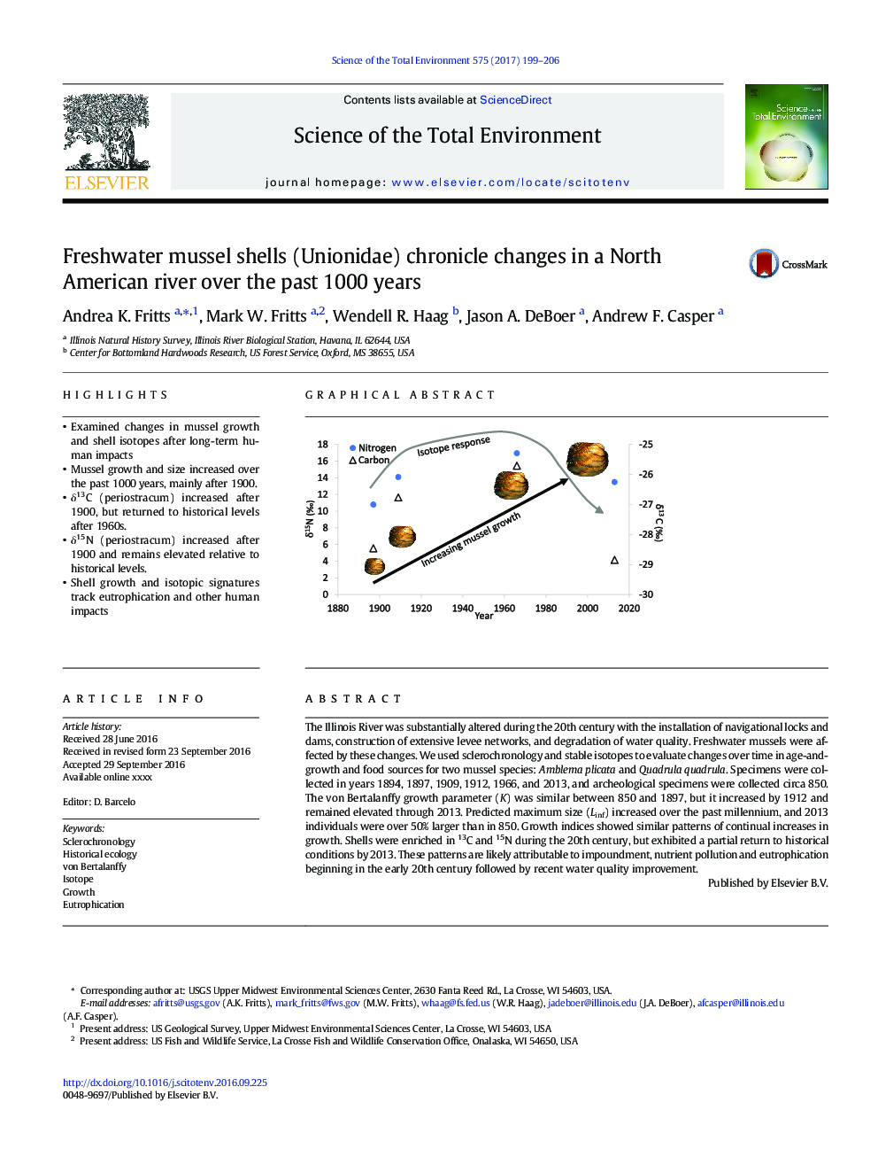 Freshwater mussel shells (Unionidae) chronicle changes in a North American river over the past 1000Â years