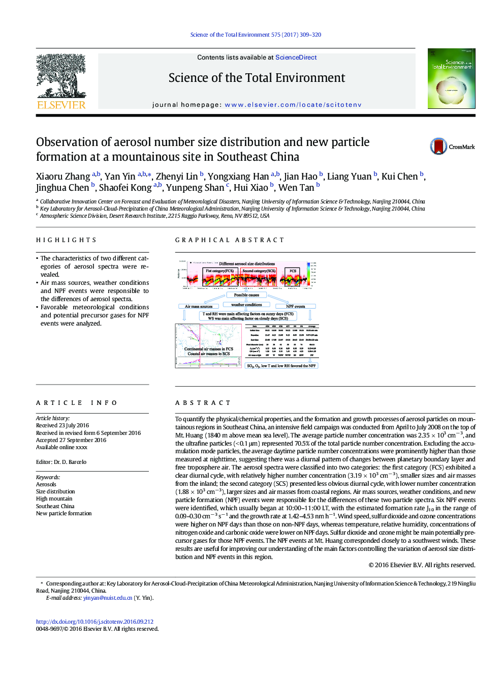 Observation of aerosol number size distribution and new particle formation at a mountainous site in Southeast China