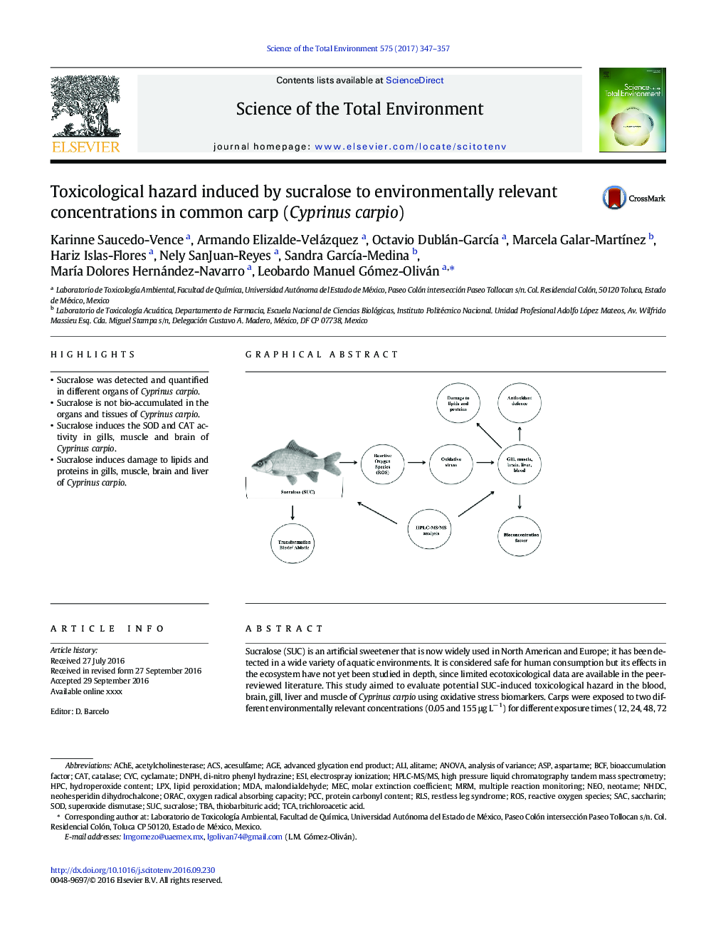 Toxicological hazard induced by sucralose to environmentally relevant concentrations in common carp (Cyprinus carpio)