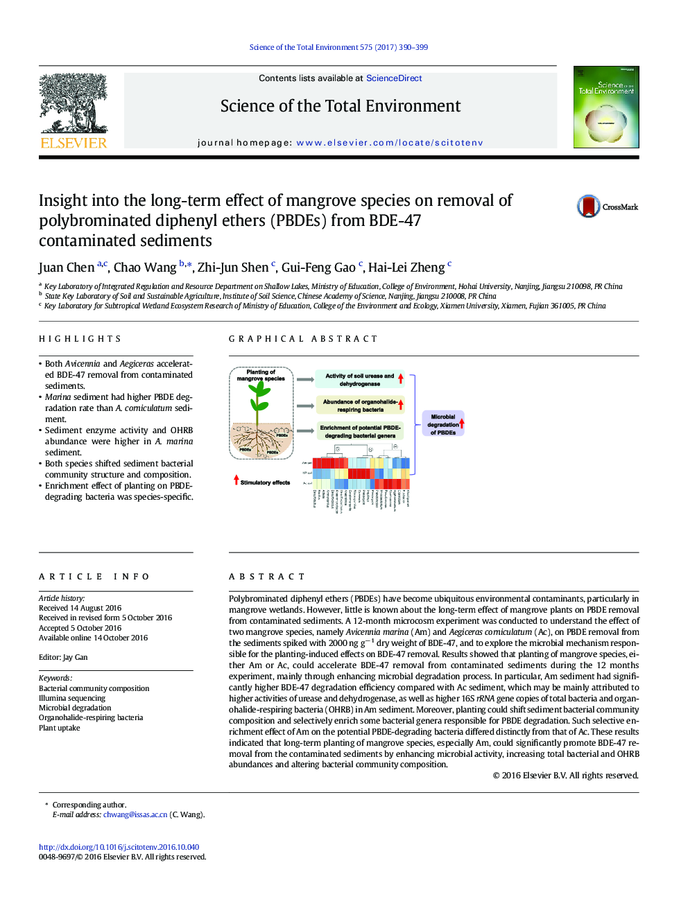 Insight into the long-term effect of mangrove species on removal of polybrominated diphenyl ethers (PBDEs) from BDE-47 contaminated sediments